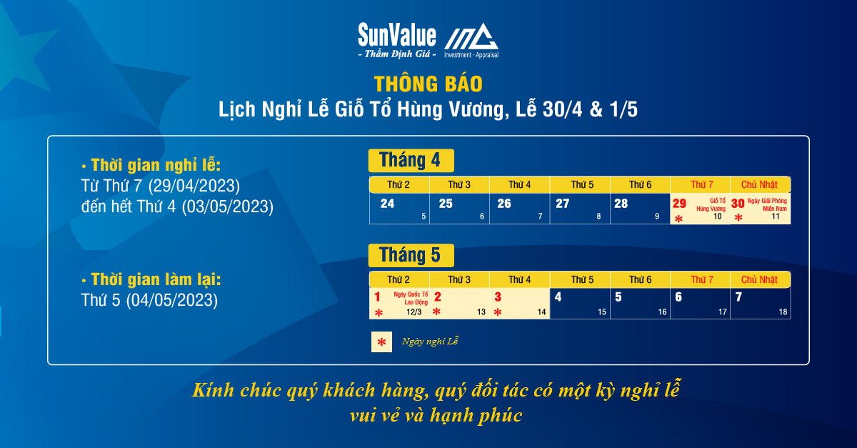 THÔNG BÁO LỊCH NGHỈ LỄ GIỖ TỔ HÙNG VƯƠNG, LỄ 30/4 & 1/5