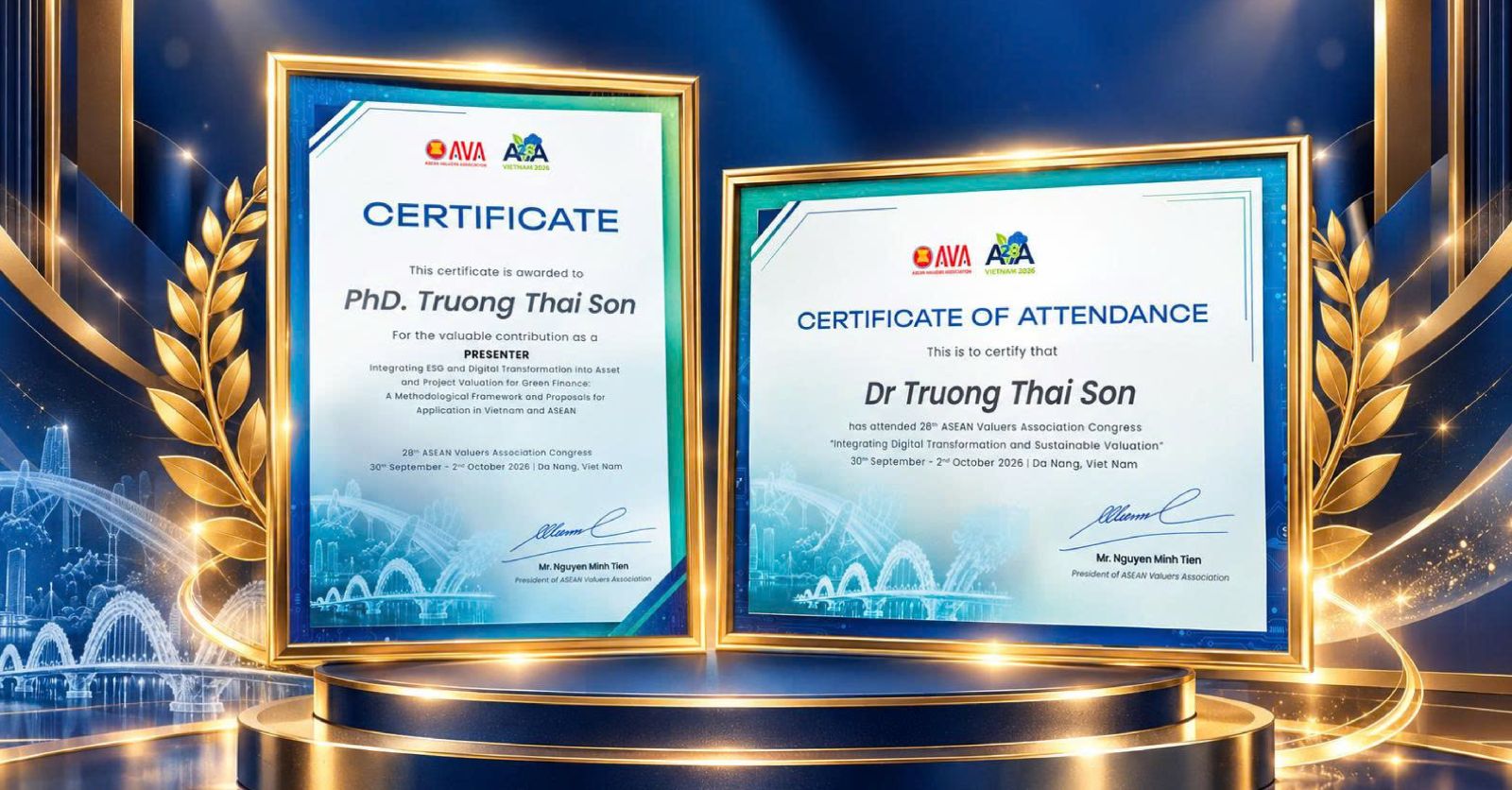 Chứng nhận của TS. Trương Thái Sơn tại Hội nghị AVA 28, ghi nhận vai trò diễn giả trình bày tham luận và sự tham dự Hội nghị 