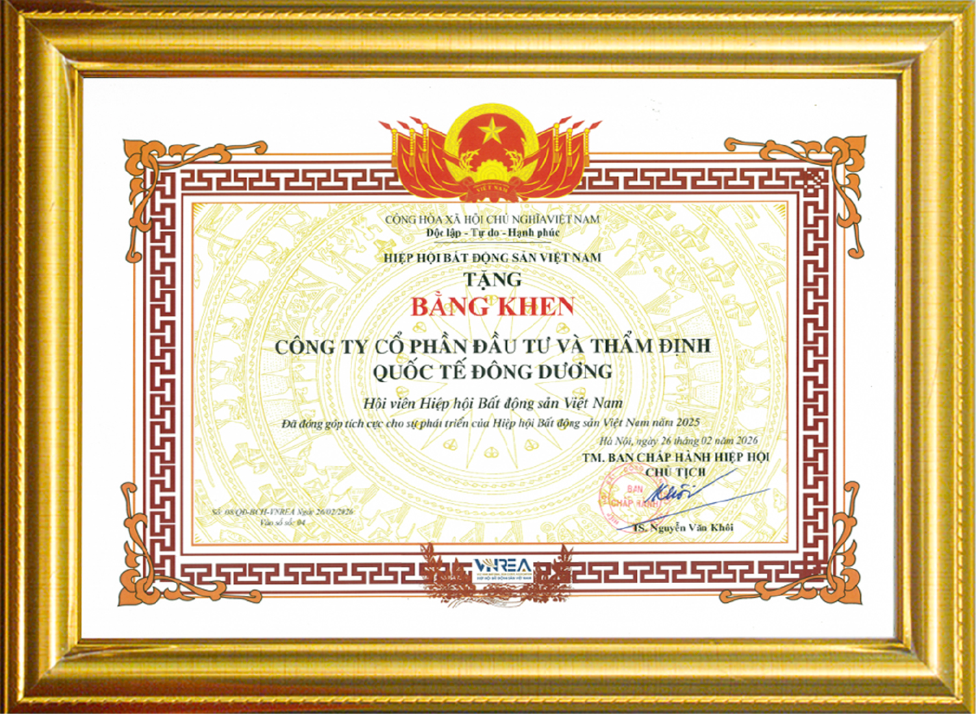Bằng khen dành cho hội viên đã có nhiều đóng góp tích cực cho sự phát triển của Hiệp hội Bất động sản Việt Nam trong năm 2025