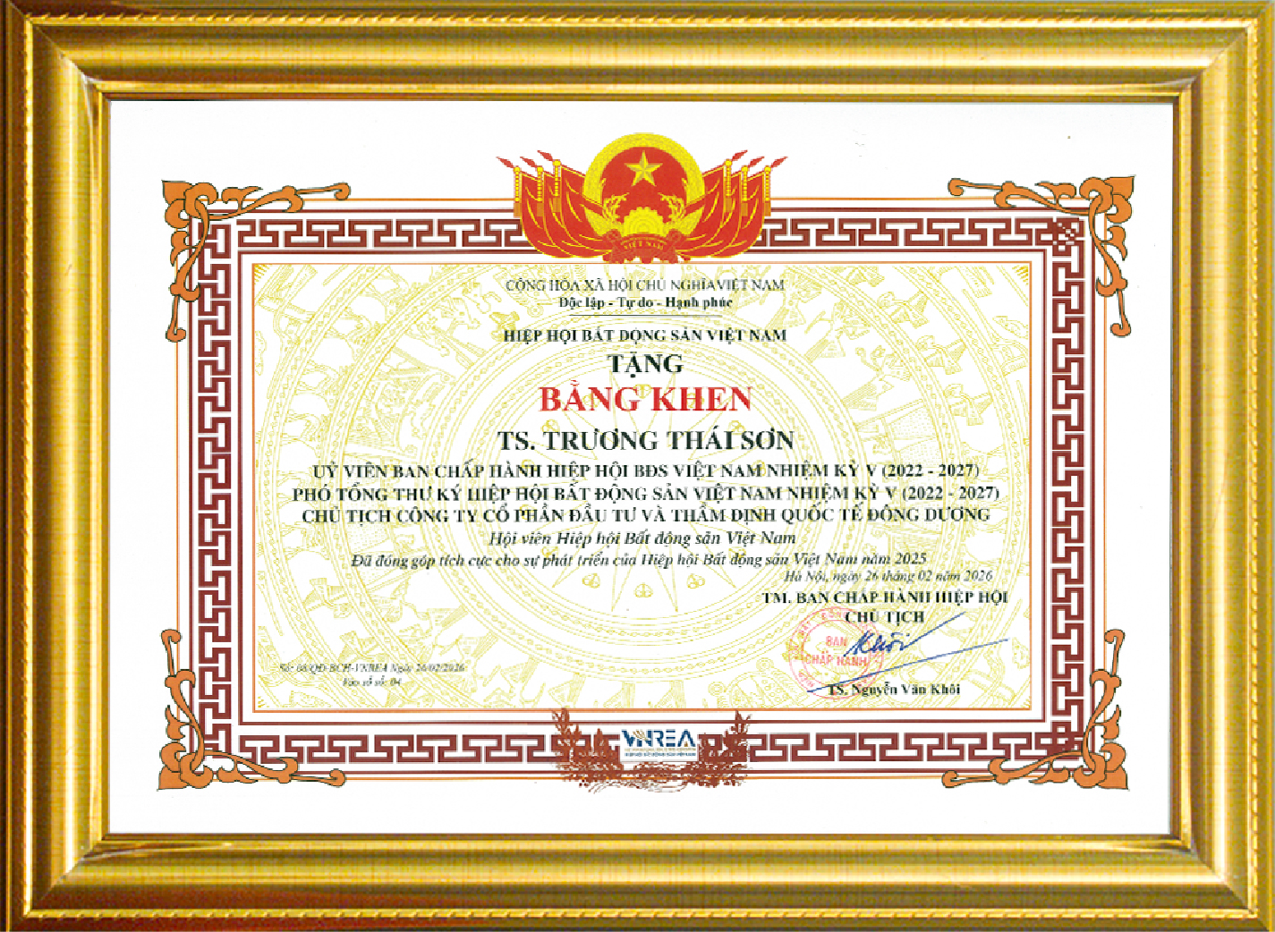 Bằng khen của Hiệp hội vì những đóng góp tích cực trong hoạt động của VNREA